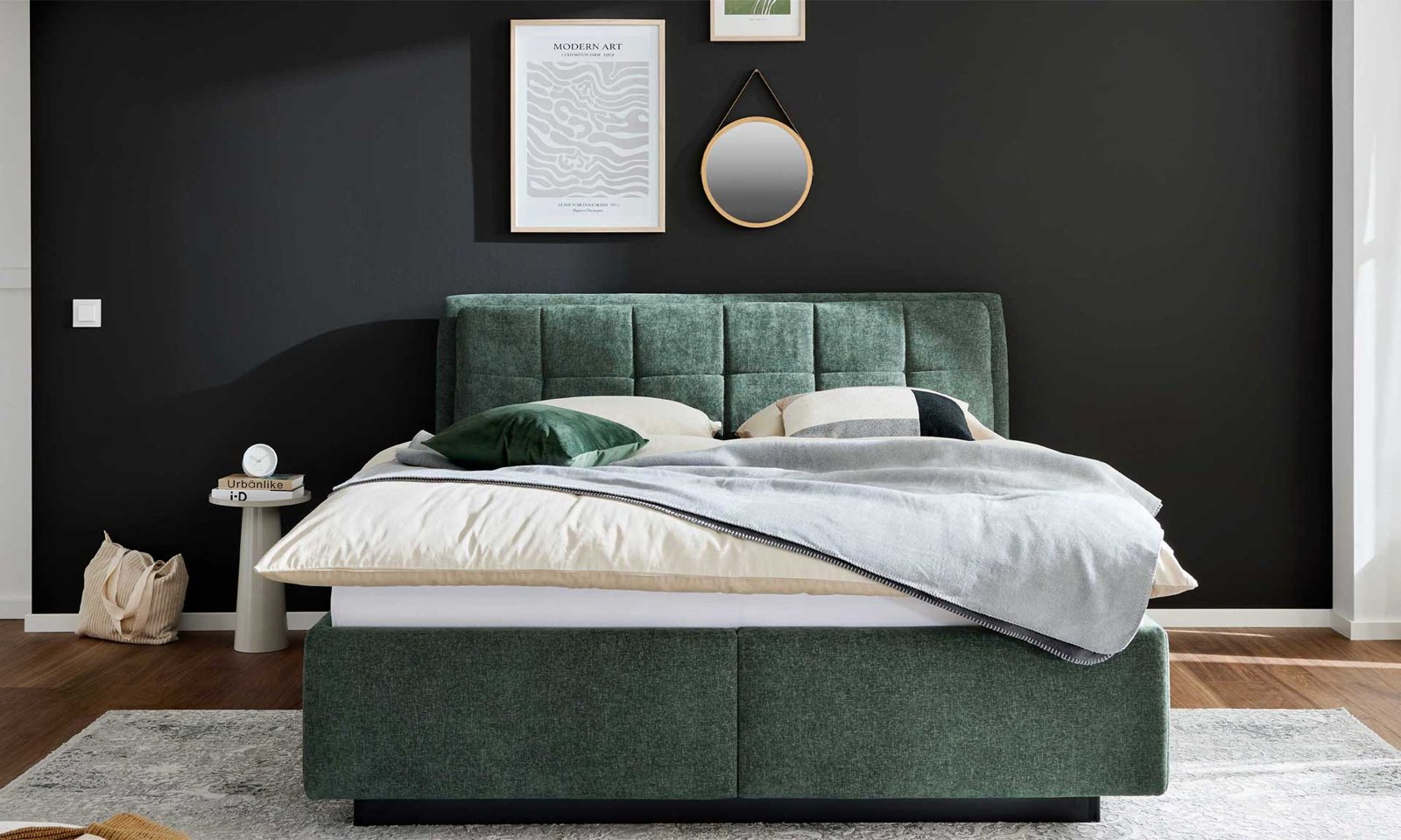 Interliving Interliving Serie 1420 – Polsterbett Moosgrün mit Bettkästen