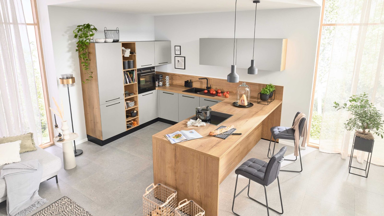 Interliving Interliving Küche Serie 3086 – Moderne Küche in Holzoptik mit grauen Fronten und gemütlicher Sitzmöglichkeit